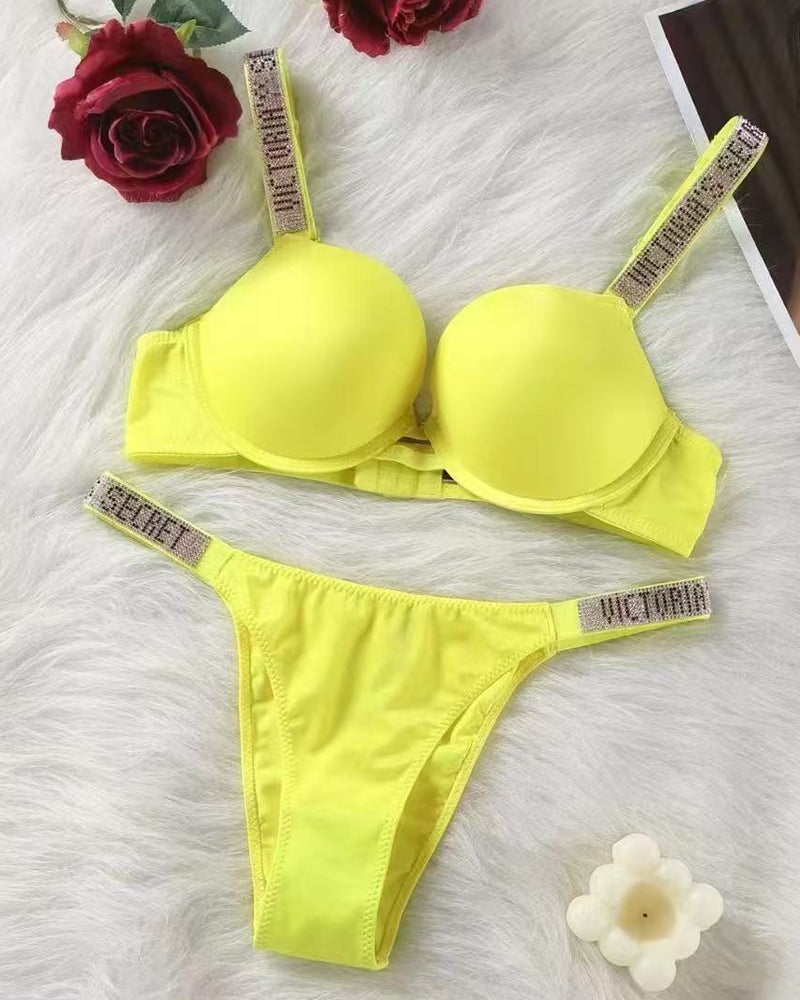 Sparkling Diamond Wide Strap Letter Rhinestone Push-Up Bra Set