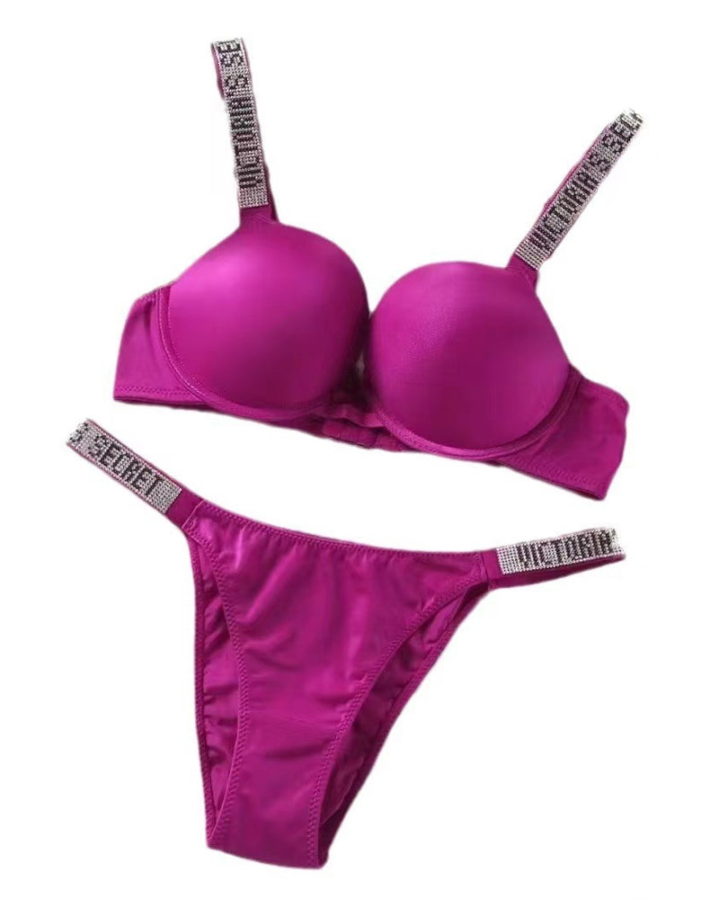 Sparkling Diamond Wide Strap Letter Rhinestone Push-Up Bra Set