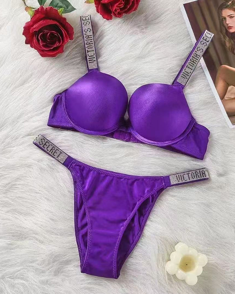 Sparkling Diamond Wide Strap Letter Rhinestone Push-Up Bra Set