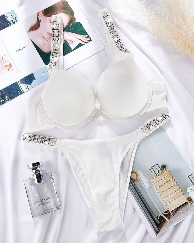 Sparkling Diamond Wide Strap Letter Rhinestone Push-Up Bra Set