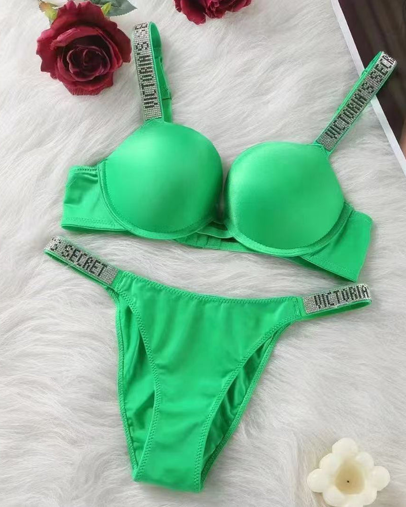 Sparkling Diamond Wide Strap Letter Rhinestone Push-Up Bra Set