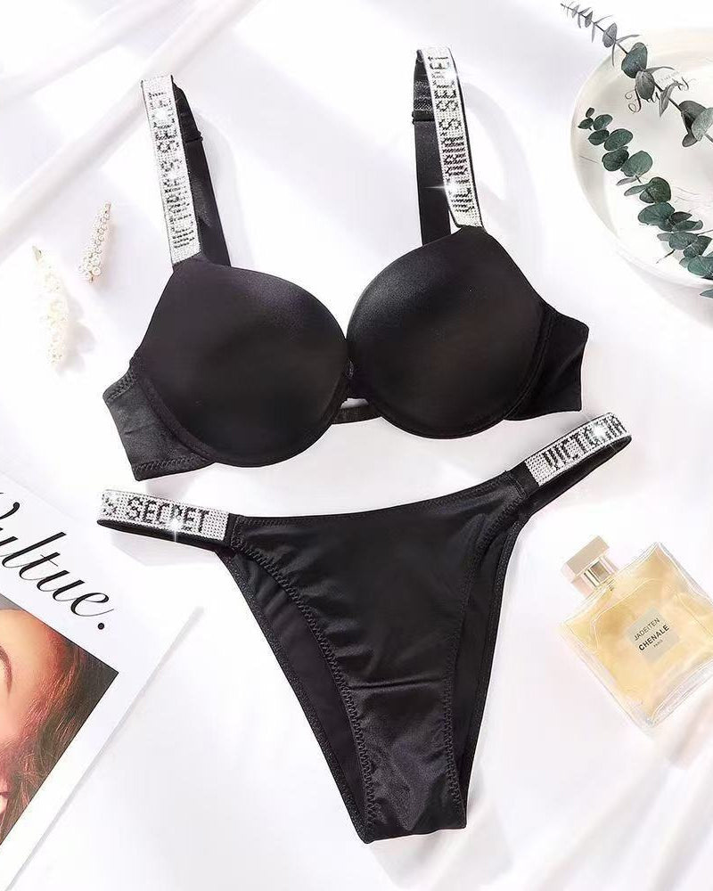 Sparkling Diamond Wide Strap Letter Rhinestone Push-Up Bra Set