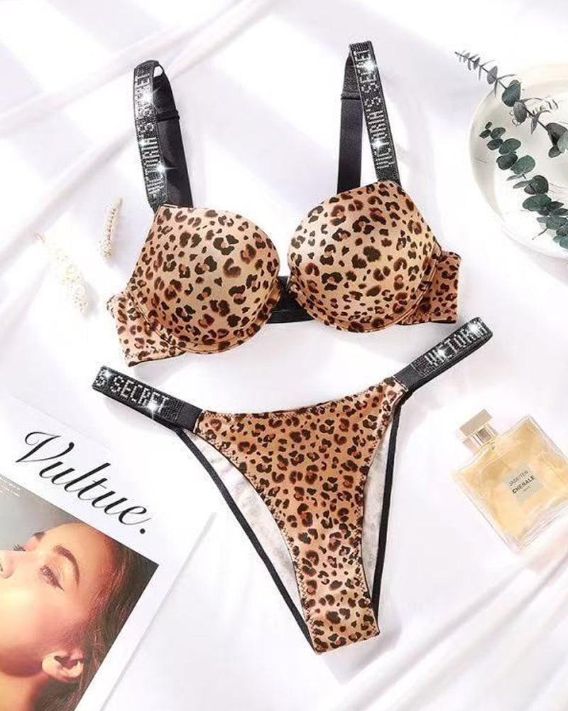 Sparkling Diamond Wide Strap Letter Rhinestone Push-Up Bra Set