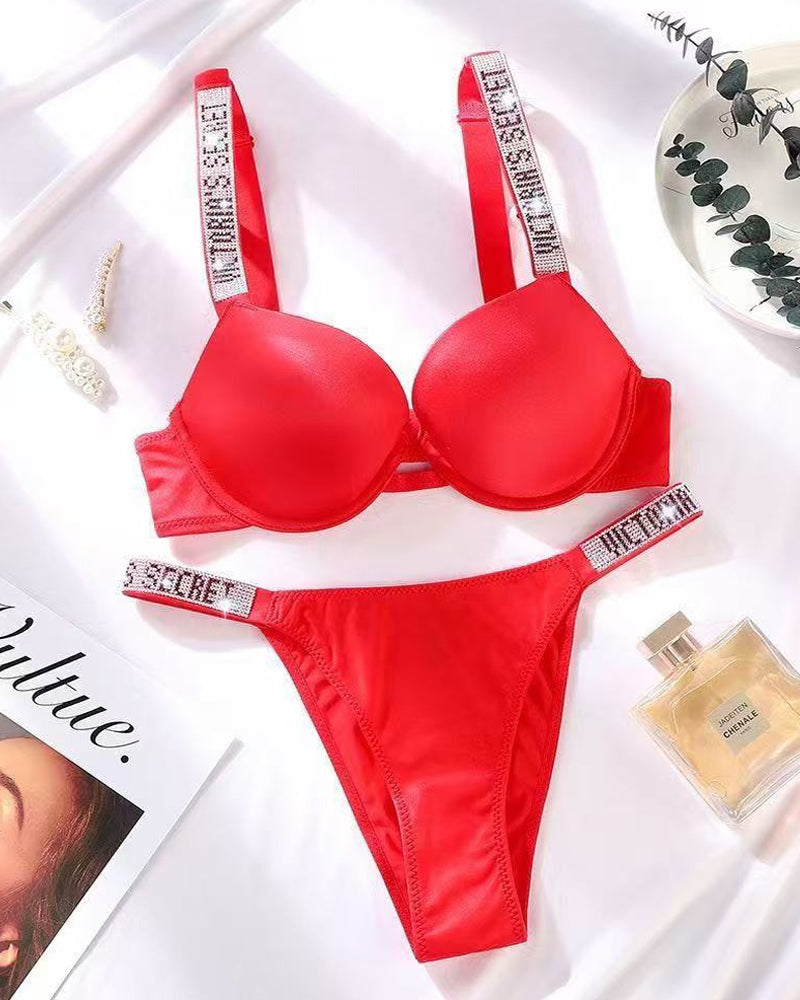 Sparkling Diamond Wide Strap Letter Rhinestone Push-Up Bra Set