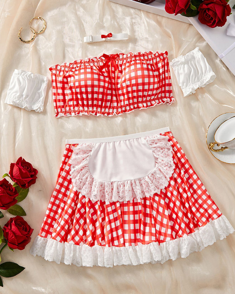 Colorblock Plaid Lace Maid Outfit