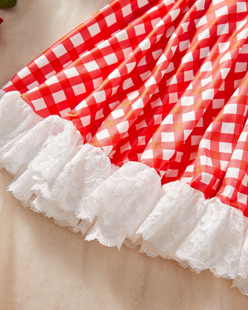 Colorblock Plaid Lace Maid Outfit