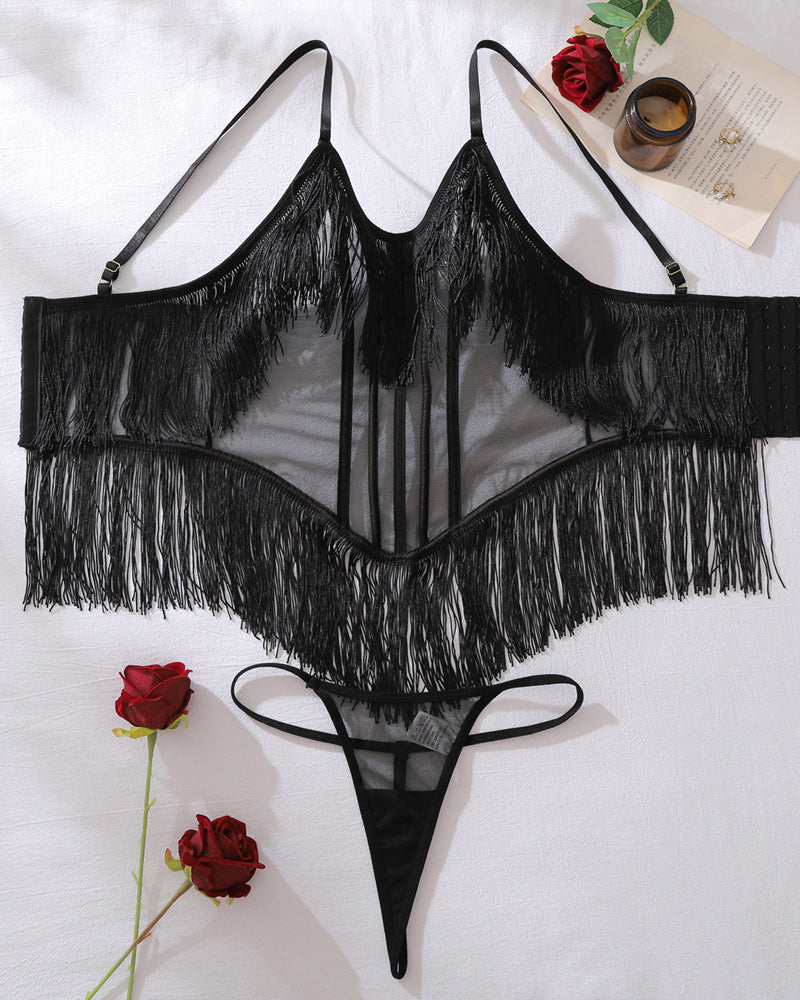 See-Through Mesh Suspenders Tassel Body-Shaping Bodysuit