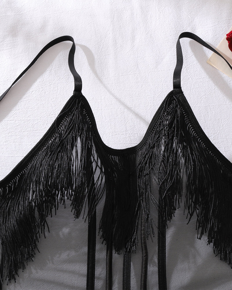 See-Through Mesh Suspenders Tassel Body-Shaping Bodysuit