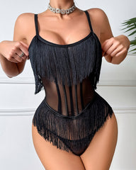 See-Through Mesh Suspenders Tassel Body-Shaping Bodysuit
