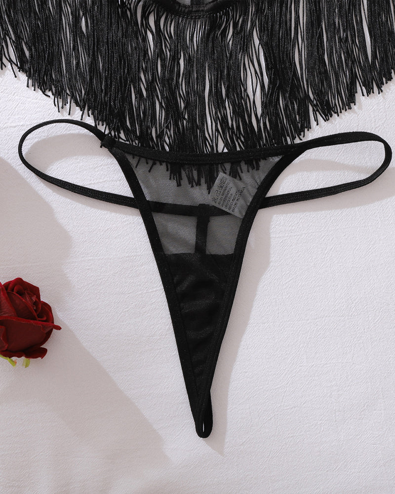 See-Through Mesh Suspenders Tassel Body-Shaping Bodysuit