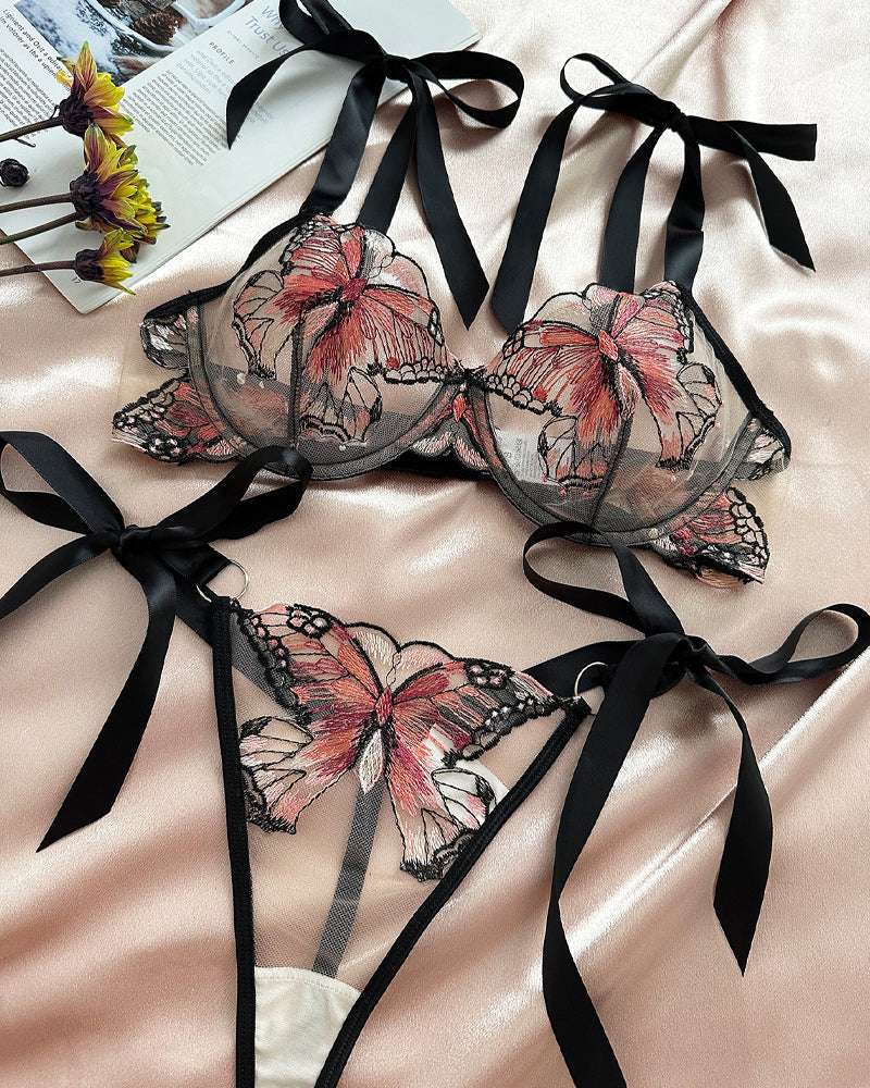 Butterfly Mesh Embroidery See-Through Temptation Lingerie Set