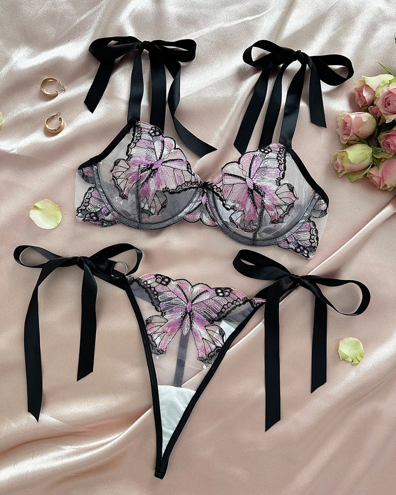 Butterfly Mesh Embroidery See-Through Temptation Lingerie Set
