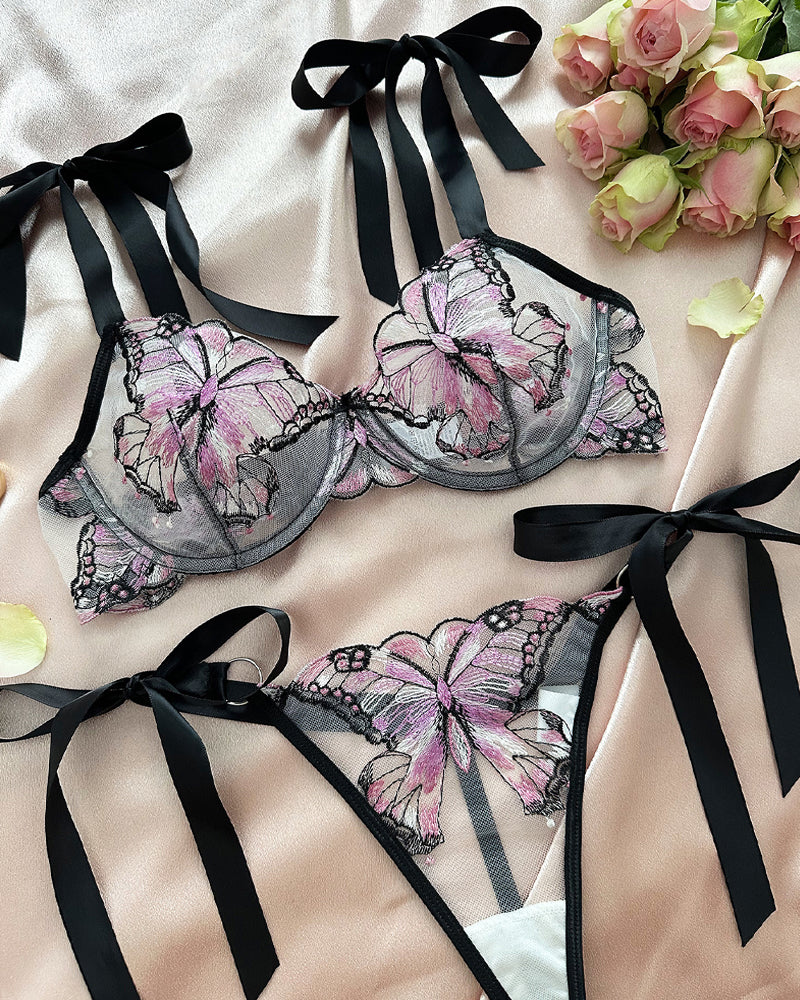 Butterfly Mesh Embroidery See-Through Temptation Lingerie Set