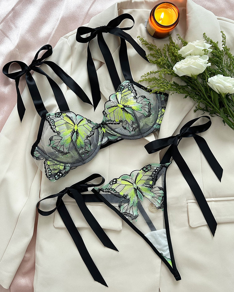 Butterfly Mesh Embroidery See-Through Temptation Lingerie Set