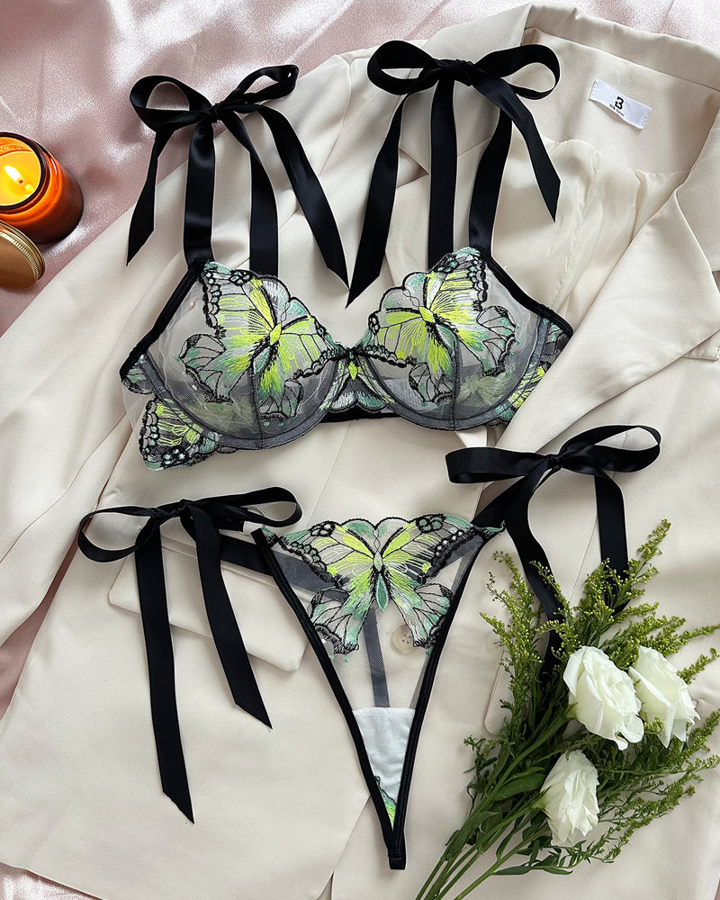 Butterfly Mesh Embroidery See-Through Temptation Lingerie Set