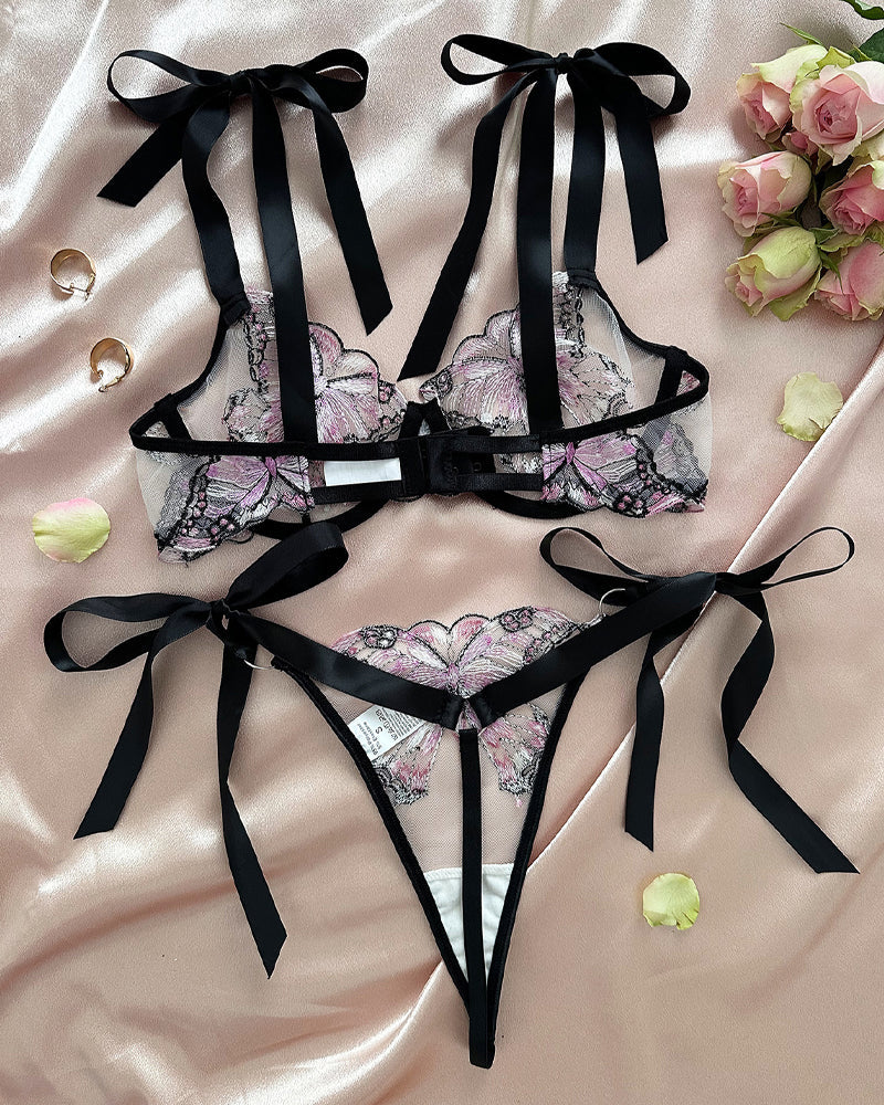 Butterfly Mesh Embroidery See-Through Temptation Lingerie Set