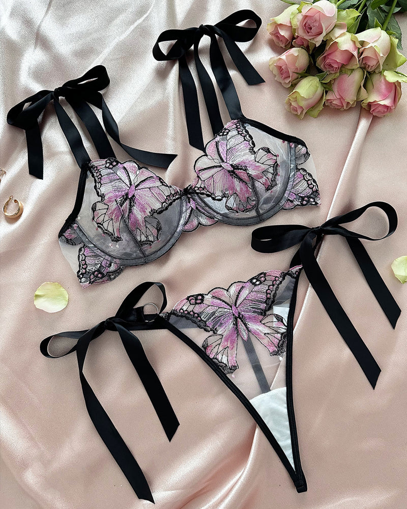 Butterfly Mesh Embroidery See-Through Temptation Lingerie Set