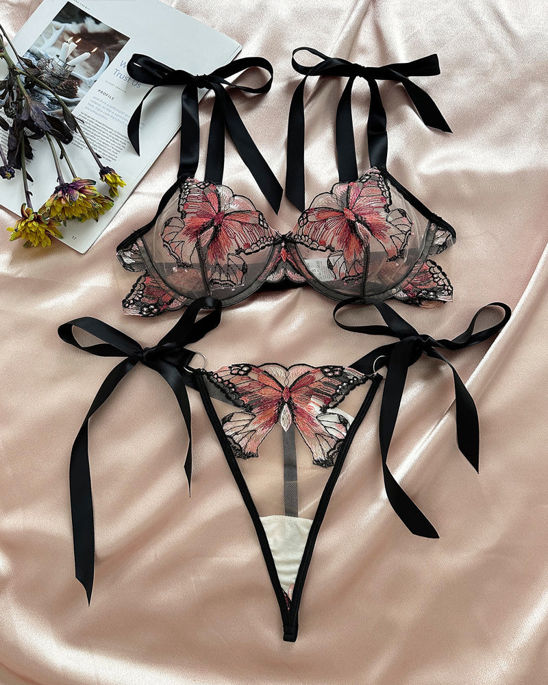 Butterfly Mesh Embroidery See-Through Temptation Lingerie Set