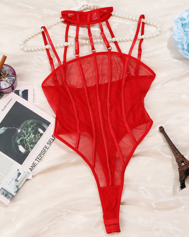 Mesh See-Through Stitching Halterneck Bodysuit