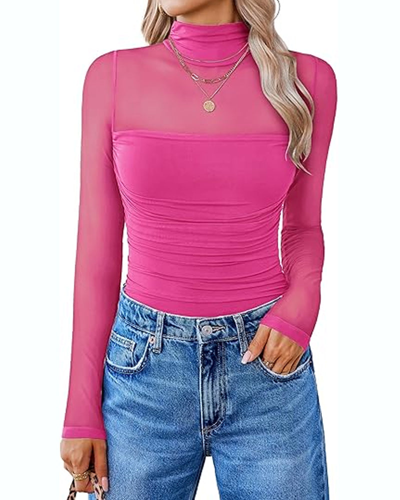Women's High Neck Mesh See-through Stitching Long Sleeve Body-shaping Stretch Bodysuit