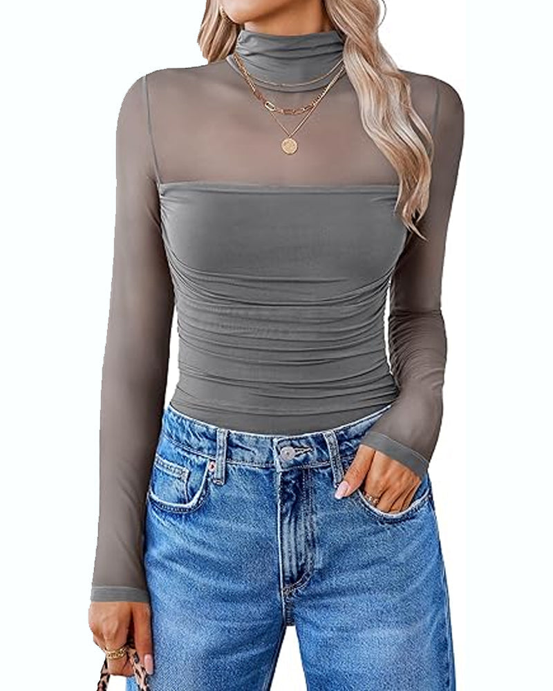 Women's High Neck Mesh See-through Stitching Long Sleeve Body-shaping Stretch Bodysuit