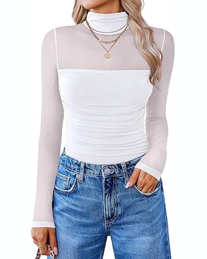 Women's High Neck Mesh See-through Stitching Long Sleeve Body-shaping Stretch Bodysuit