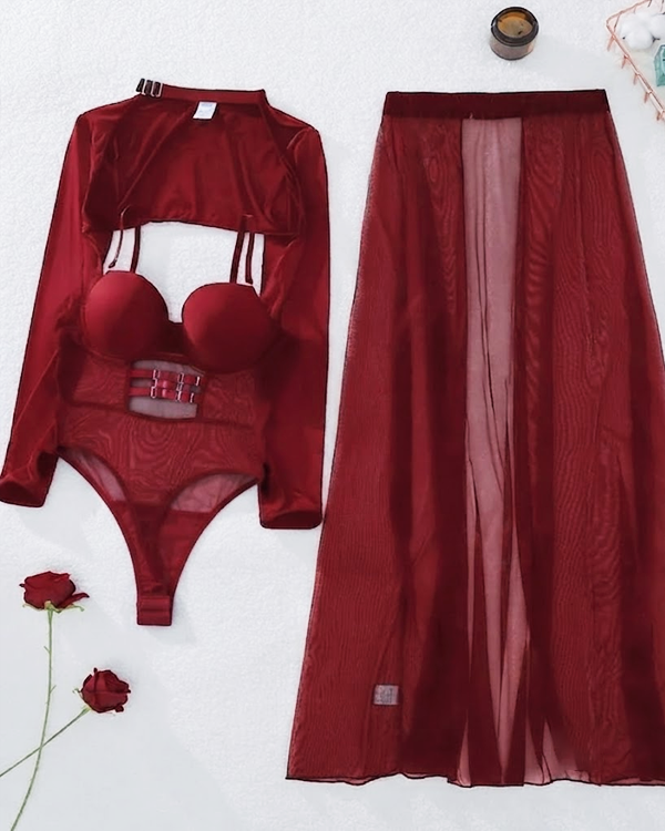 Sheer Mesh Bodysuit with Slit Skirt Three-piece Set