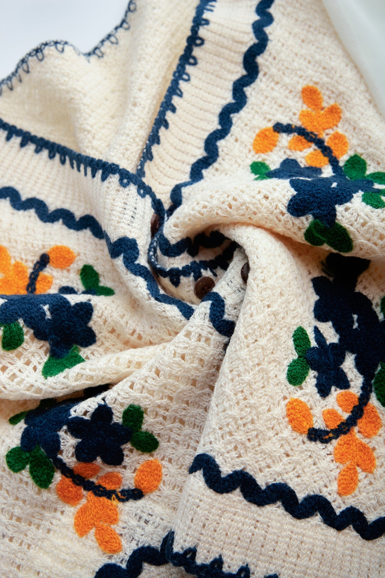 White Floral Embroidery Contrast Trim Cardigan