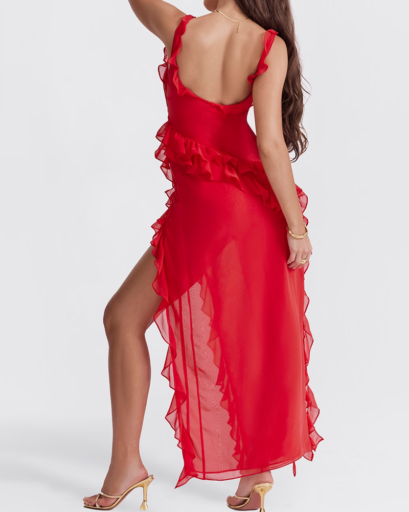 Ruffle Trim Slit Maxi Dress
