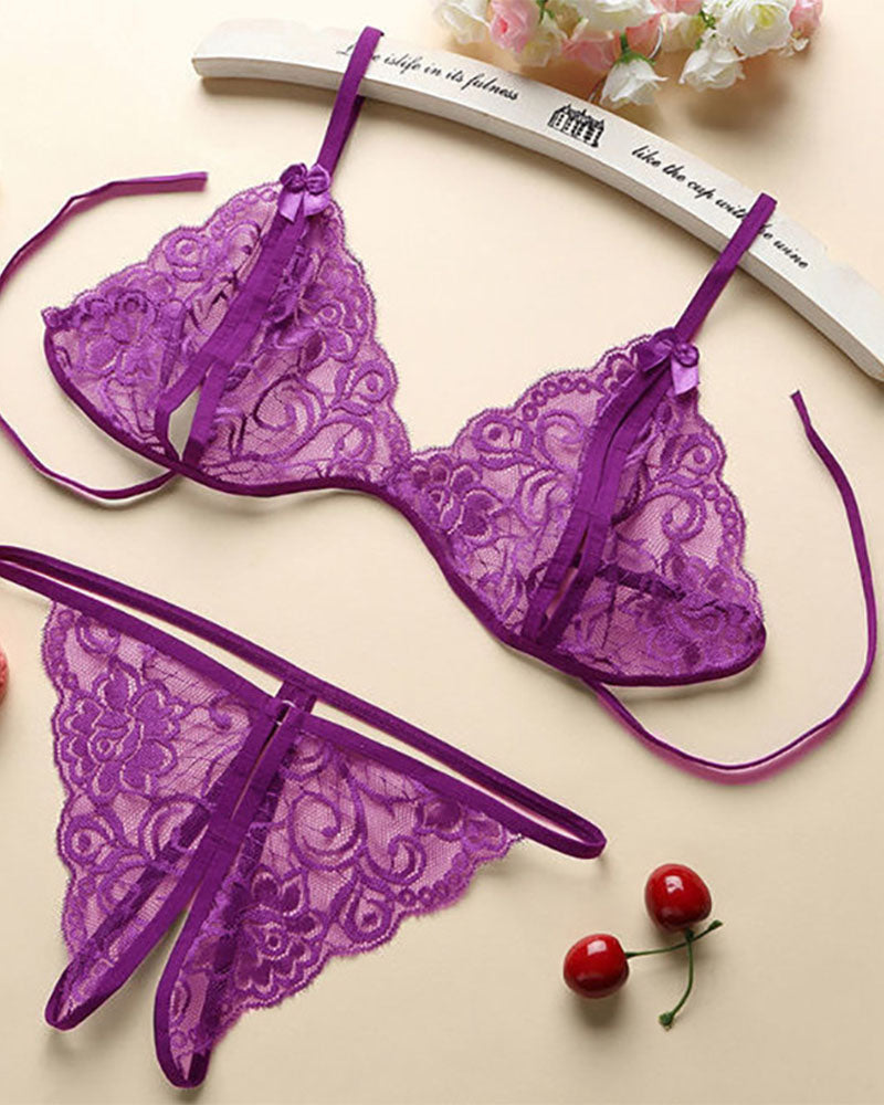 Open Crotch Three-point Two-piece Lace Underwear Women's Passion Thong