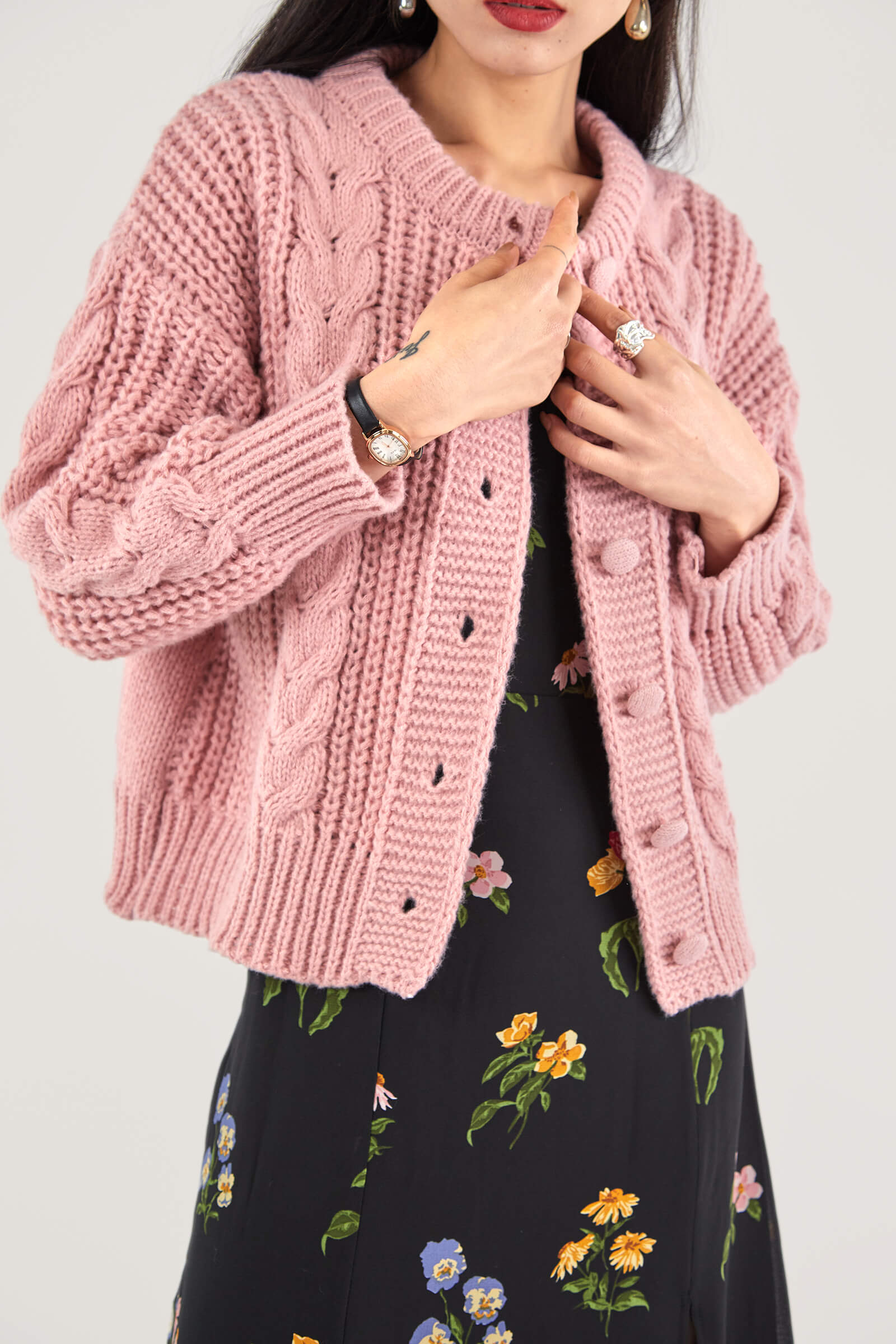 Dark Salmon Cable-Knit Button-Up Cardigan