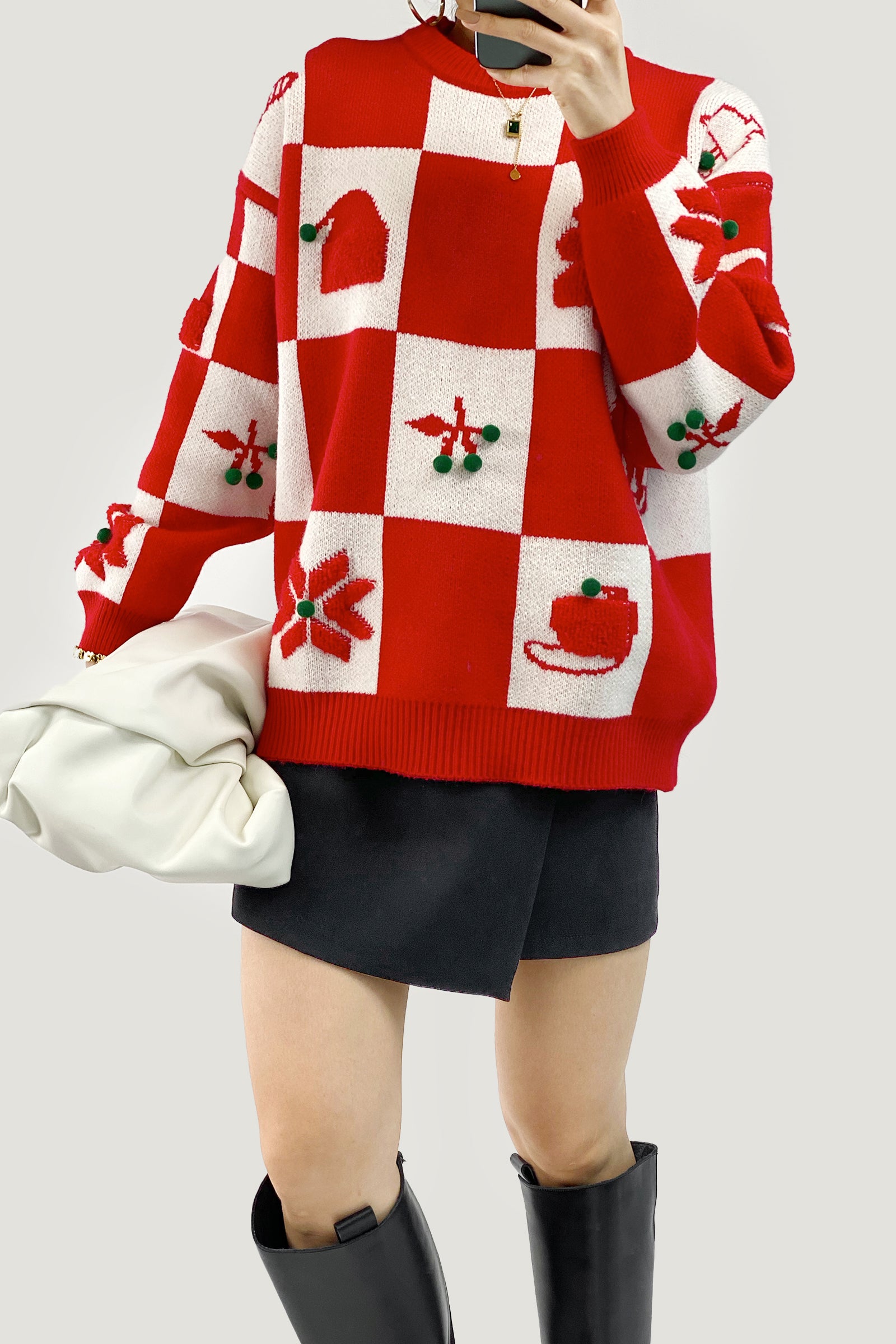 Red Cherry Prints Crew Neck Checkerboard Christmas