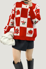 Red Cherry Prints Crew Neck Checkerboard Christmas