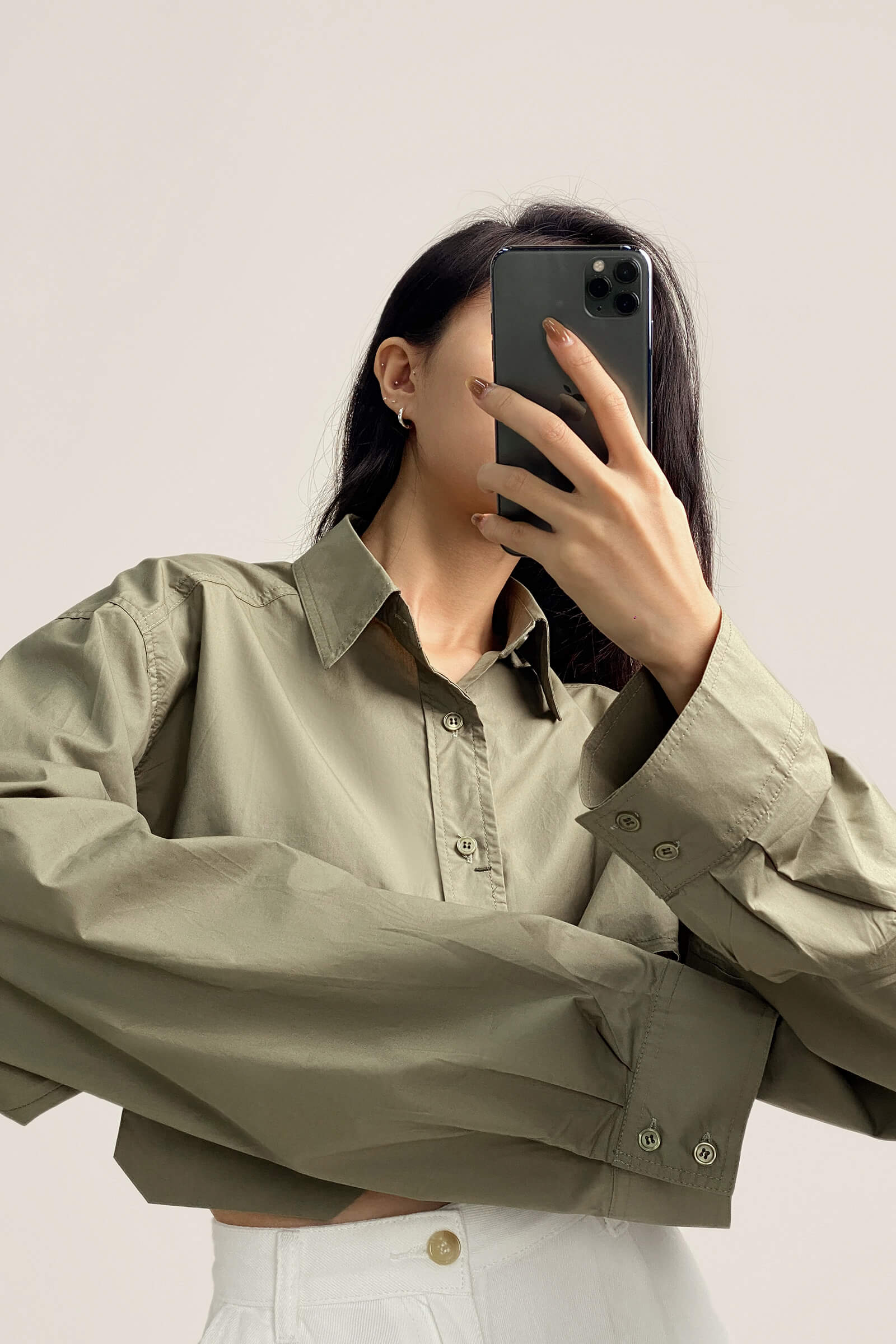 Dark Khaki Pocket Detail Cropped Shirt