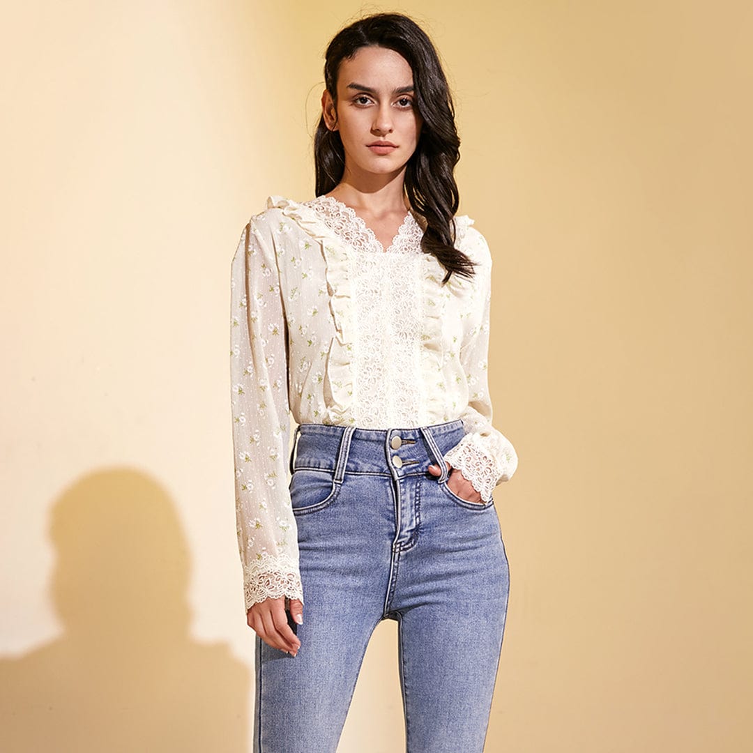 Ivory Floral Print Lace-Detail Chiffon Blouse
