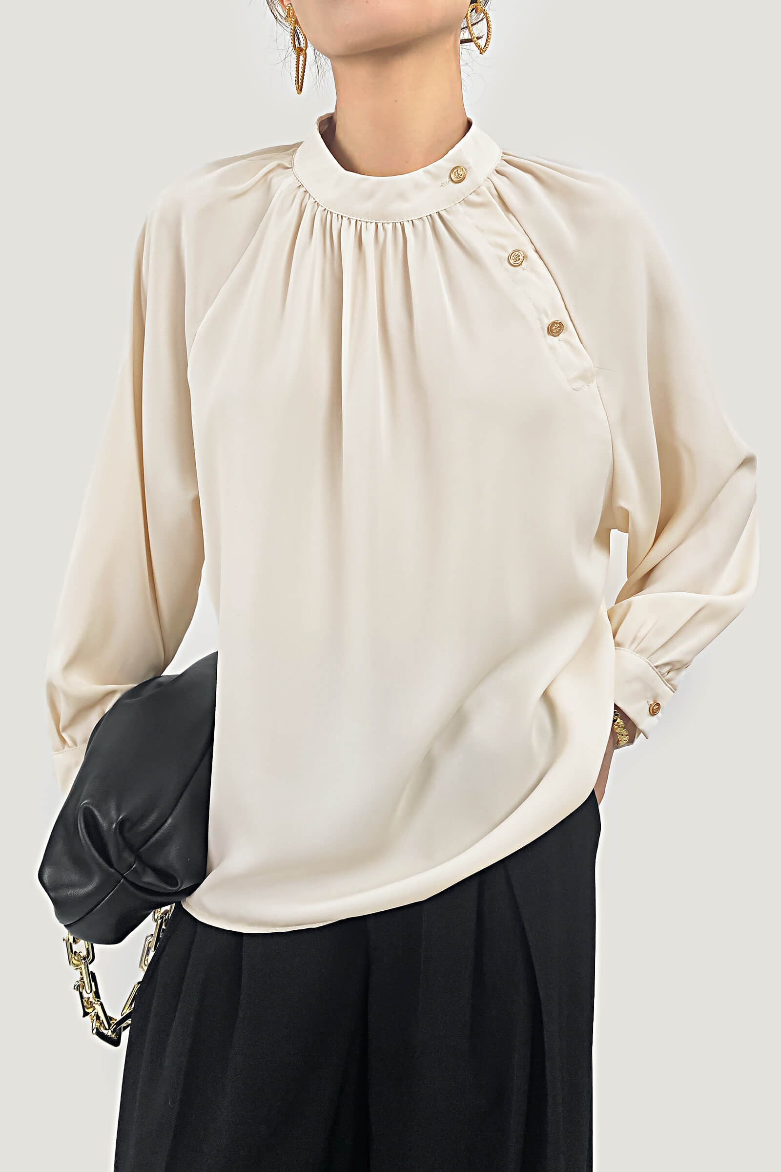 Crew Neck Button Detail Pleated Blouse