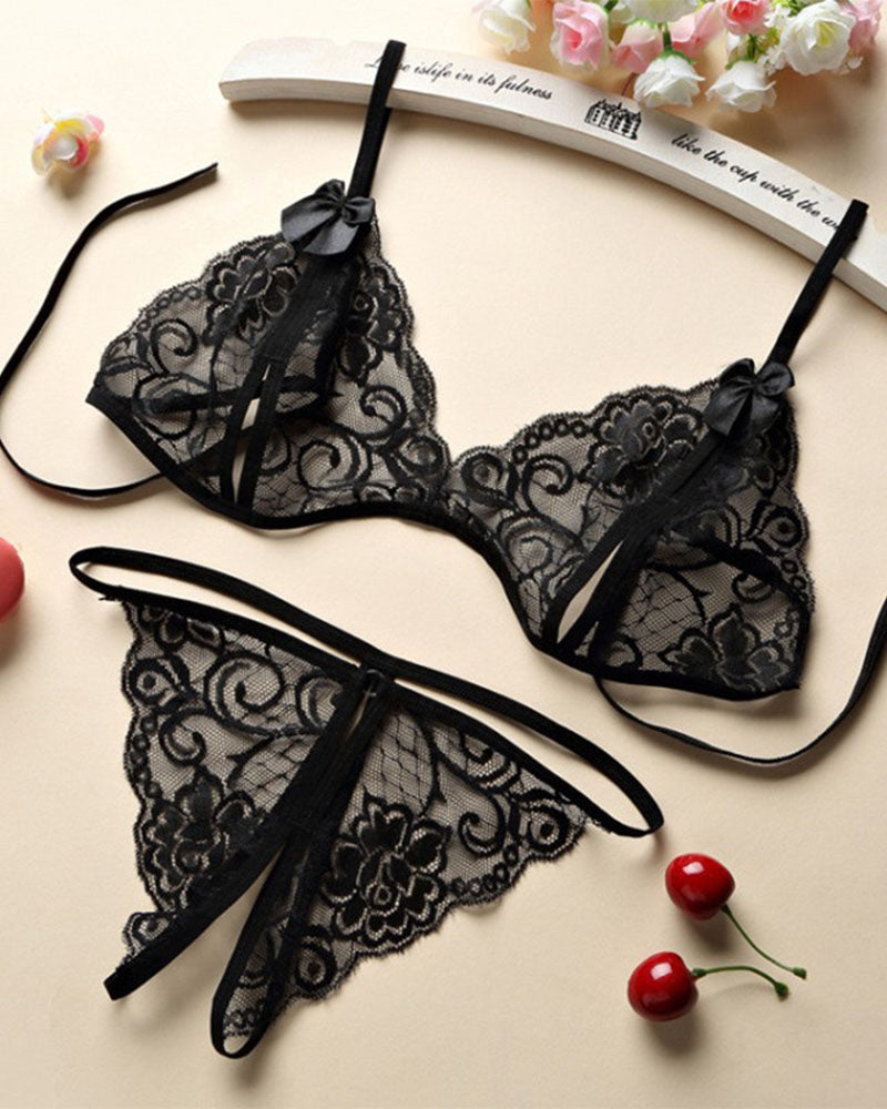 Open Crotch Three-point Two-piece Lace Underwear Women's Passion Thong