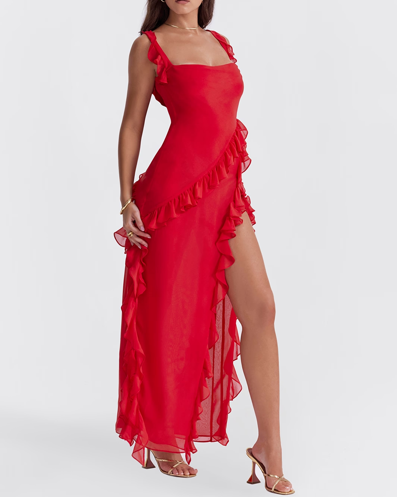 Ruffle Trim Slit Maxi Dress