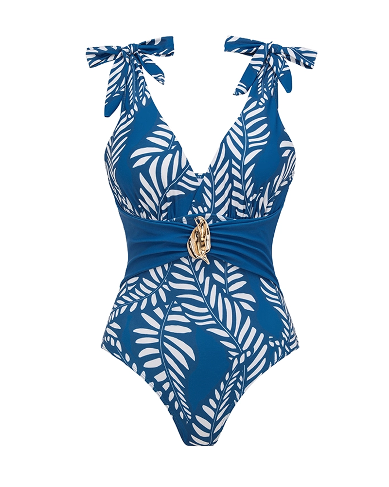 Sling Blue Tassel Leaves Print Cut Out Swimsuit Set