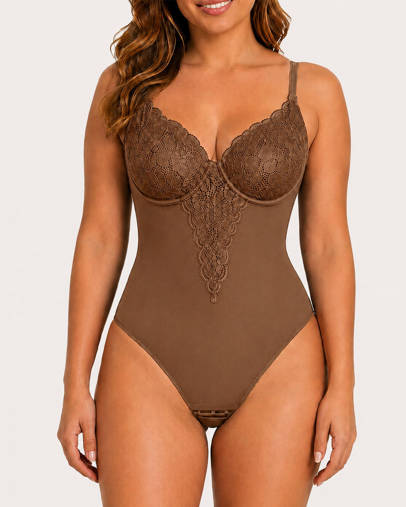 Women's Deep V Lace-Trimmed Tummy Control Seamless Bodysuit