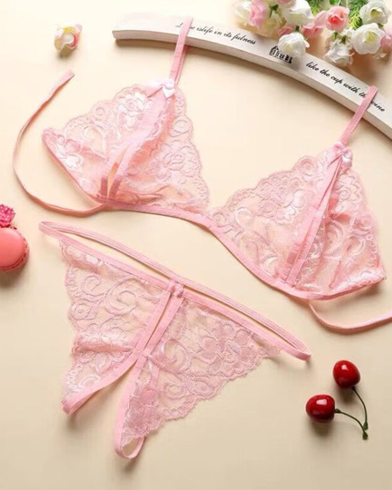 Open Crotch Three-point Two-piece Lace Underwear Women's Passion Thong