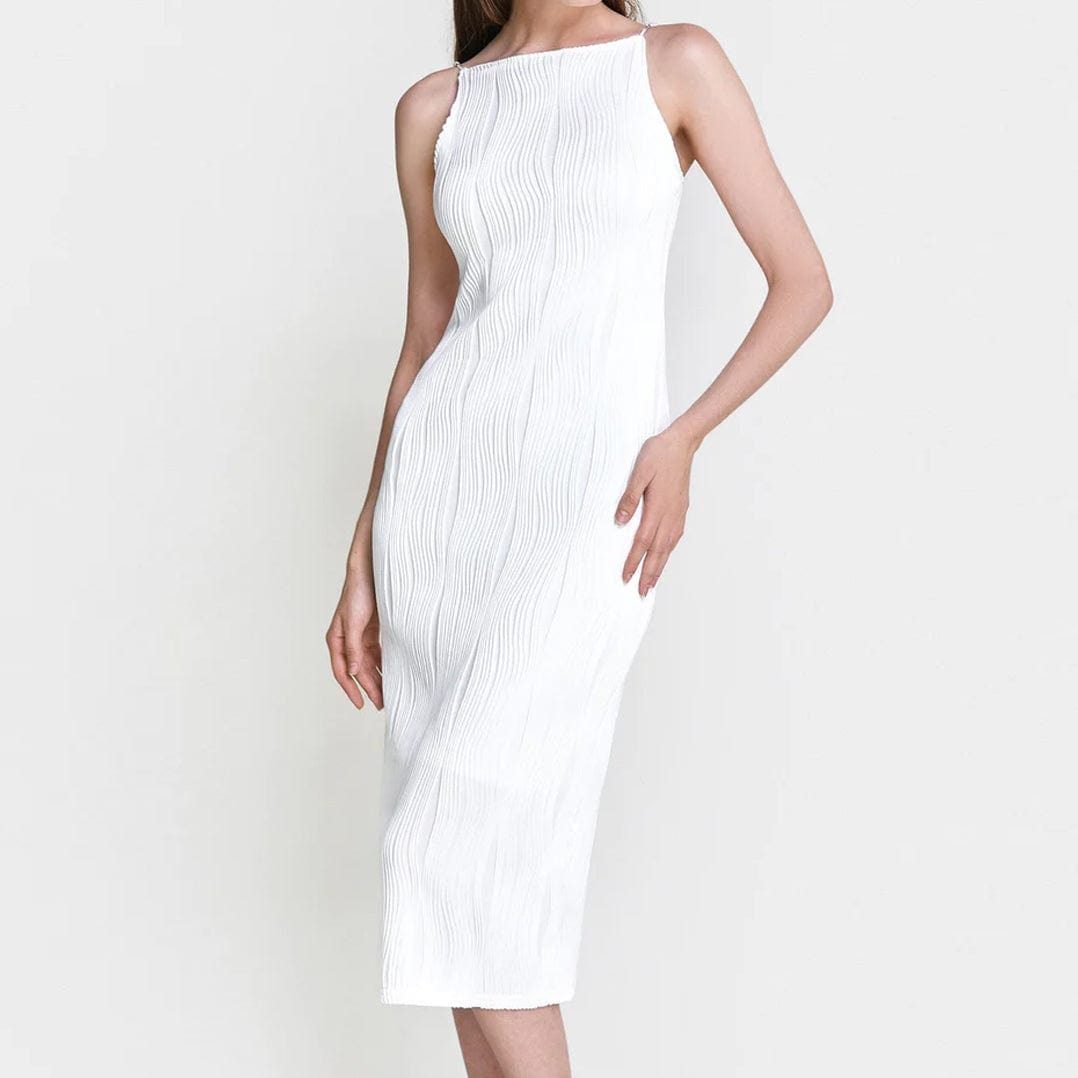 White Faux Pearl Strap Pleated Midi Dress