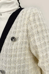 Floral White Contrast Trim Double-Breasted Wool-Blend Tweed Jacket
