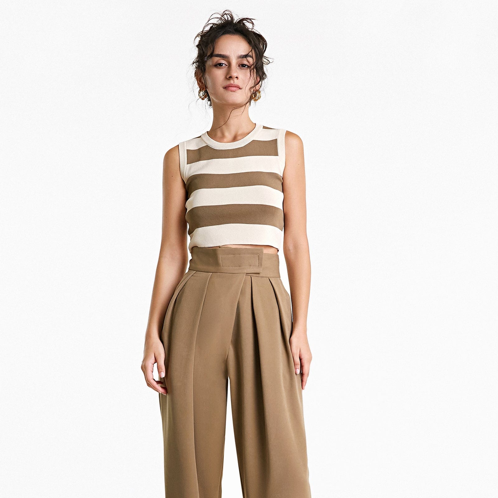 Ivory Striped Crew Neck Rib-Knit Vest