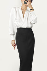 White Ruched Long Sleeve Surplice Blouse