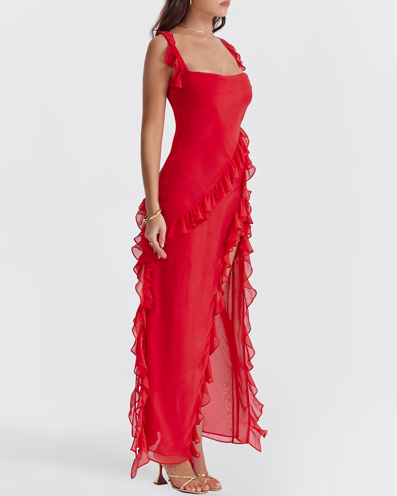 Ruffle Trim Slit Maxi Dress