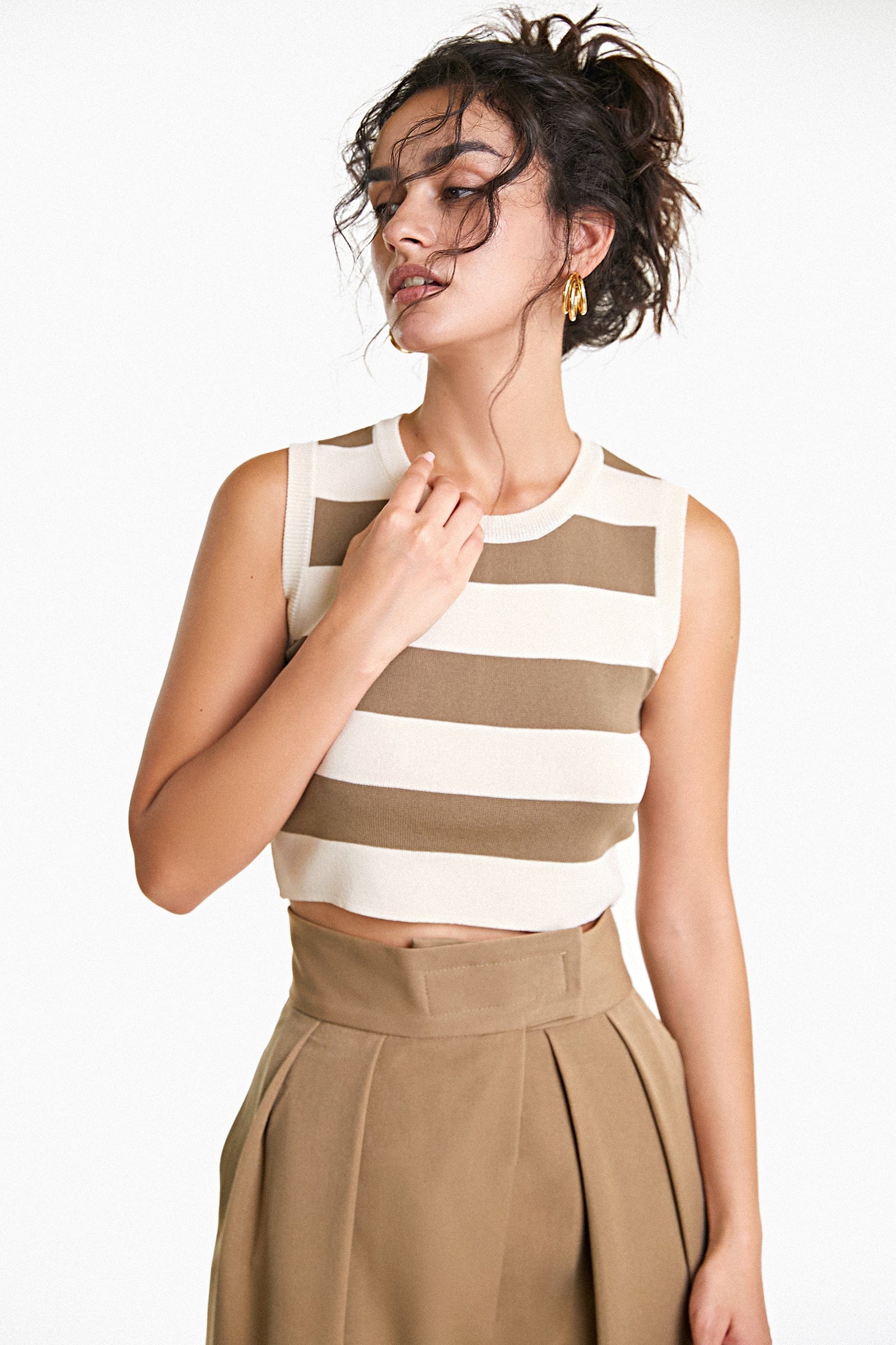 Ivory Striped Crew Neck Rib-Knit Vest