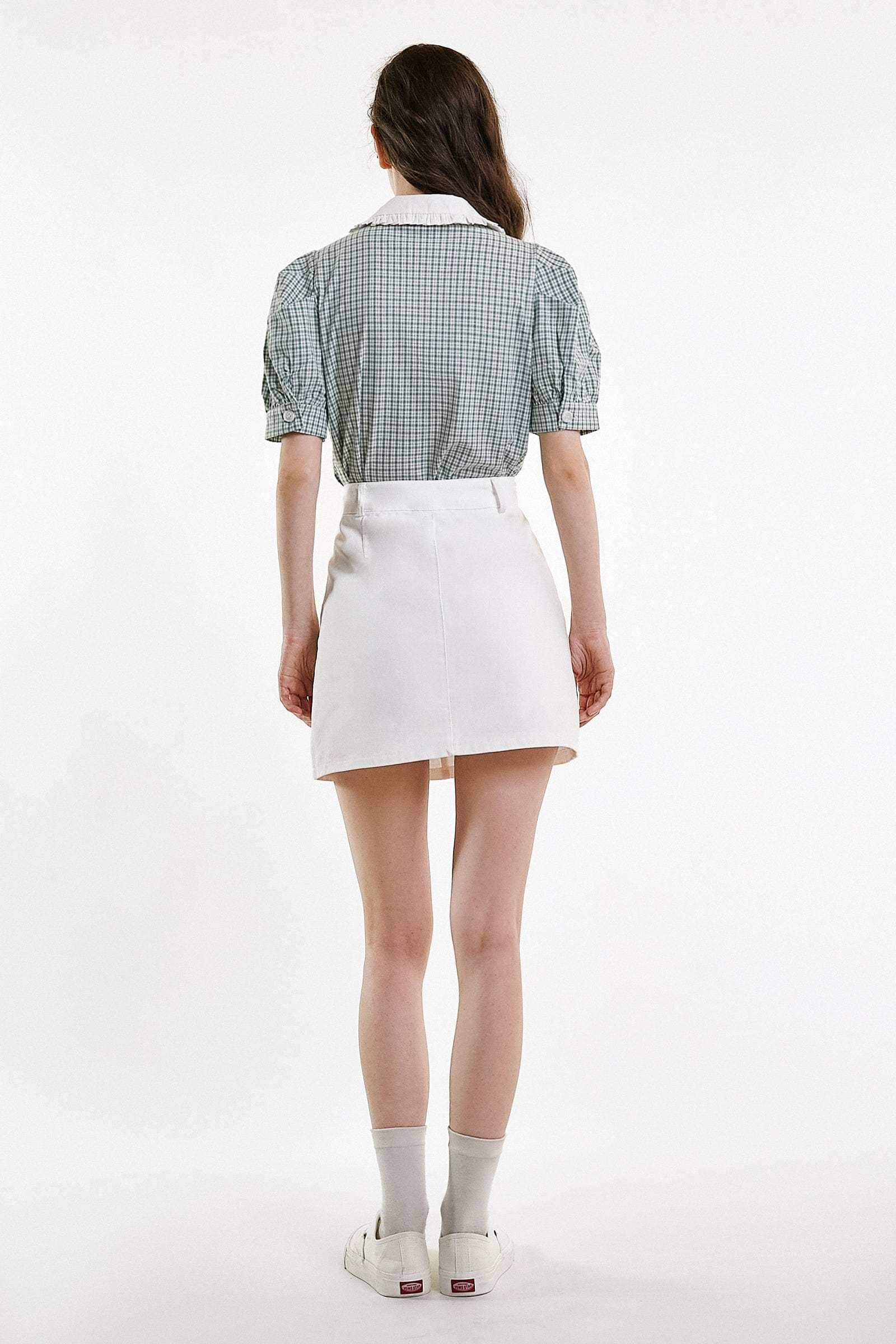 Sea Green Plaid Puff Sleeve Ruffled Statement Collar Shirt