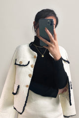 White Contrast Frayed Trim Tweed Jacket & Mini Skirt Two-Piece Set