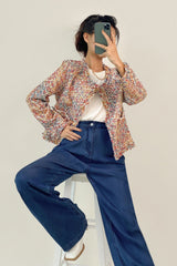 Multicolor Frayed Trim Button-Up Tweed Jacket